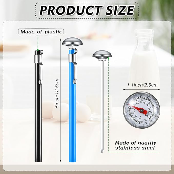 Xuhal 6 Pcs Stainless Steel Kitchen Thermometer with 5 Inch Long Stem 1 Inch Dial Thermometer Milk Frothing Food for Oven Probe Meat Grill BBQ Cooking Chocolate Water(Multicolor)