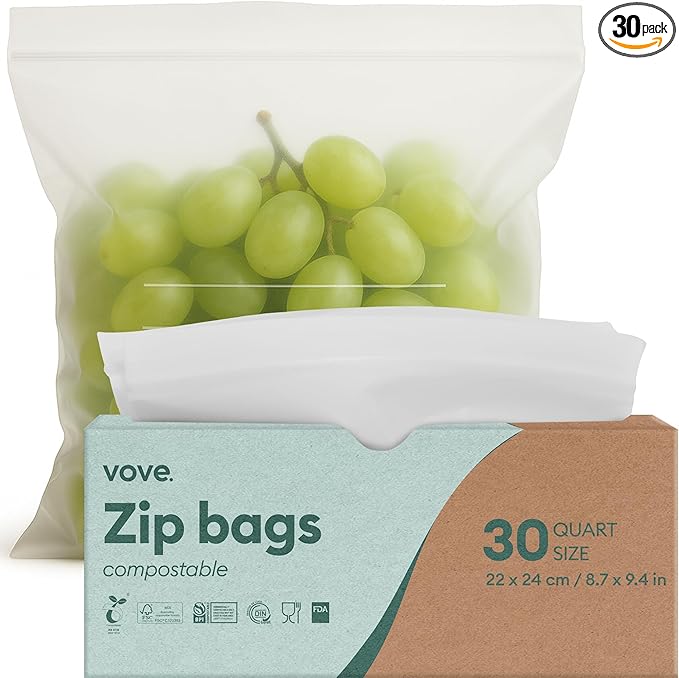 Vove Compostable Zip Bags | 30-Pack Quart Size (1L) | PLA PBAT Biodegradable Storage Bags | Certified Eco-Friendly Food Storage | Zero Waste Kitchen | Plastic-Free Sustainable Storage