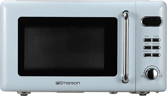 Emerson MWR7020BL Retro Compact Countertop Microwave Oven with Button Control, LED Display, 700W 5 Power Levels, 8 Auto Menus, Glass Turntable and Child Safe Lock, 0.7, Thunderbird Blue