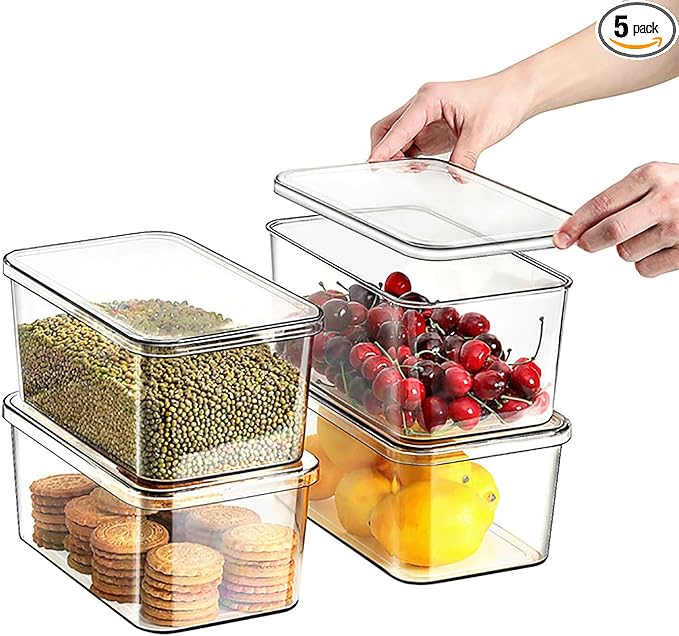 Clear Storage Bins With Lids,4 Packs Food Storage Organizer,Stackable Kitchen Cabinet,Bathroom Basket,Fridge Organization.Pantry Transparent Containers For Fruits,Drinks