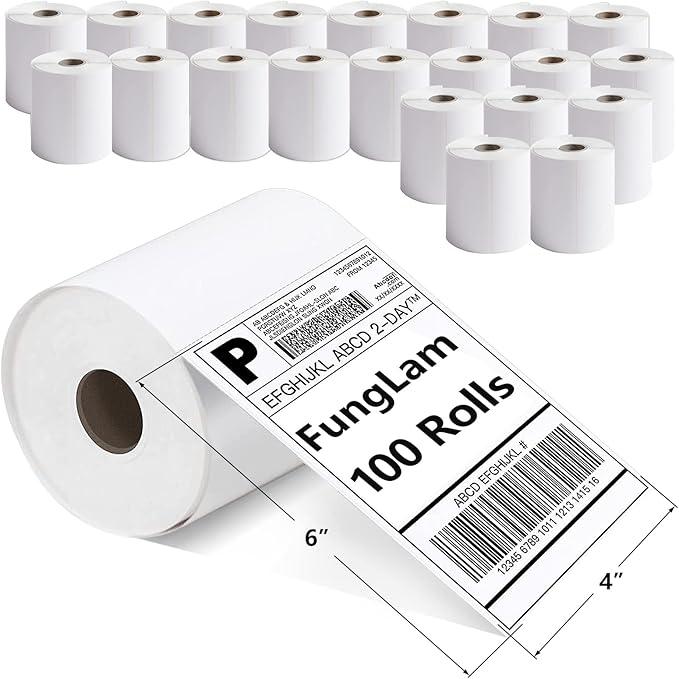 FungLam 100 Rolls 4x6 Direct Thermal Shipping Labels, 250 Labels Per Roll, 1" Core, Perforated, White Mailing Postage Shipping Label Compatible with Zebra 2844 ZP-450 ZP-500 ZP-505