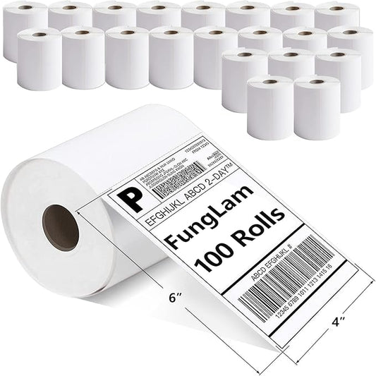 FungLam 100 Rolls 4x6 Direct Thermal Shipping Labels, 250 Labels Per Roll, 1" Core, Perforated, White Mailing Postage Shipping Label Compatible with Zebra 2844 ZP-450 ZP-500 ZP-505