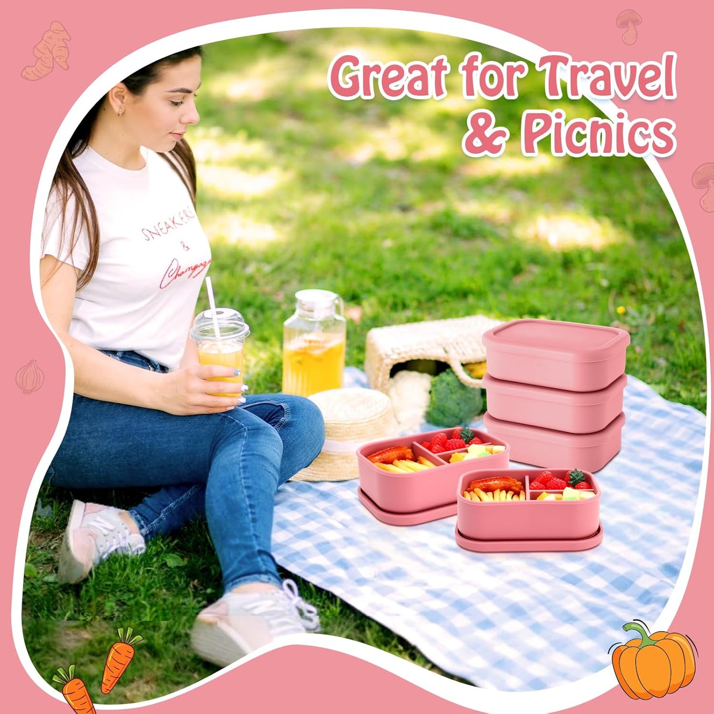 Honeydak 4 Pcs Silicone Bento Lunch Box 3 Compartment Reusable Leakproof Silicone Bento Lunch Container for Adults Microwave Dishwasher Freezer Safe(Red)