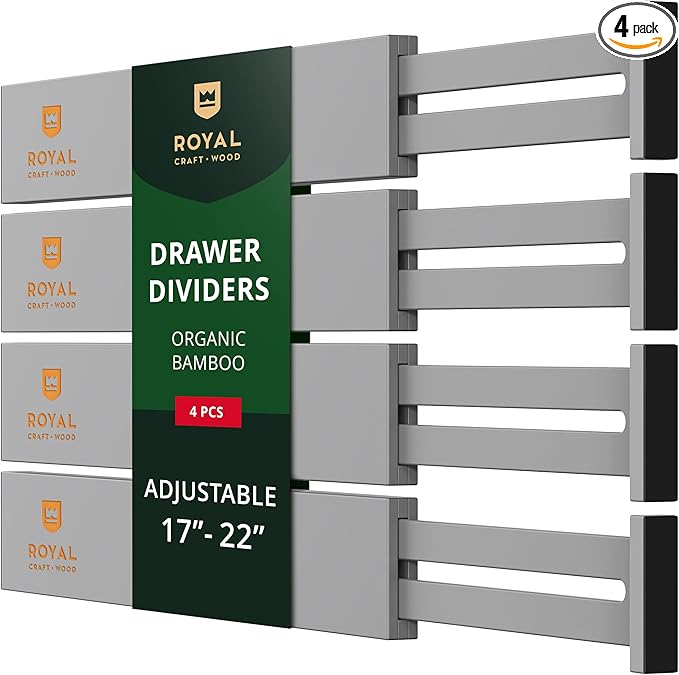 ROYAL CRAFT WOOD Adjustable Bamboo Drawer Dividers Organizers - Expandable Drawer Organization Separators For Kitchen, Dresser, Bedroom, Bathroom and Office, 4-Pack (Large (up to 22")) (Gray)