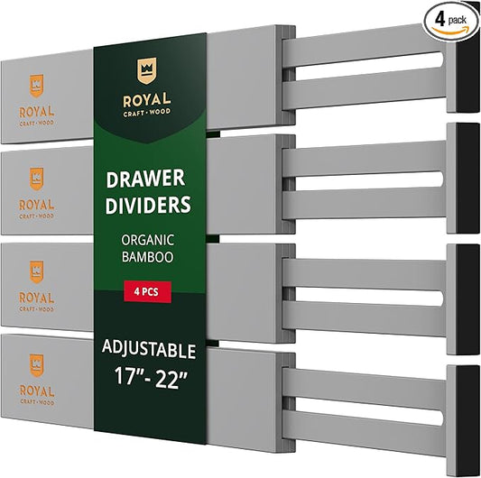 ROYAL CRAFT WOOD Adjustable Bamboo Drawer Dividers Organizers - Expandable Drawer Organization Separators For Kitchen, Dresser, Bedroom, Bathroom and Office, 4-Pack (Large (up to 22")) (Gray)