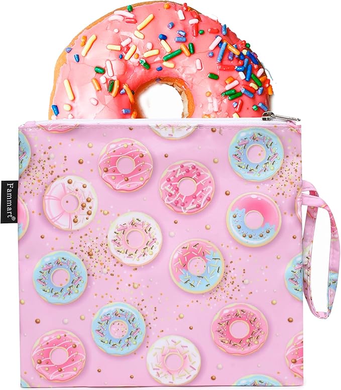 Reusable Sandwich Bag/Snack Bag for Kids & Adults, Dual Layer Lunch Bag with Handle, Washable, Food Safe, BPA Free (1-Pack, Colorful Donut)