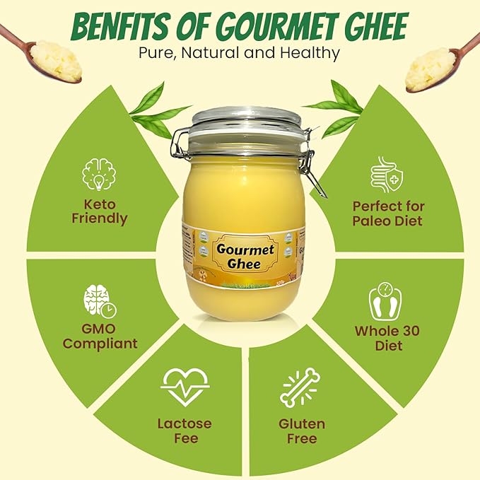 Premium Gourmet Clarified Butter - Natural & Pure Grass-Fed Ghee for Energy, Gut, and Immune Health Support - Versatile Healthy Cooking for Spreading, Baking & Sauteing 2lbs (32 Oz) (2PACK - Natural Ghee)
