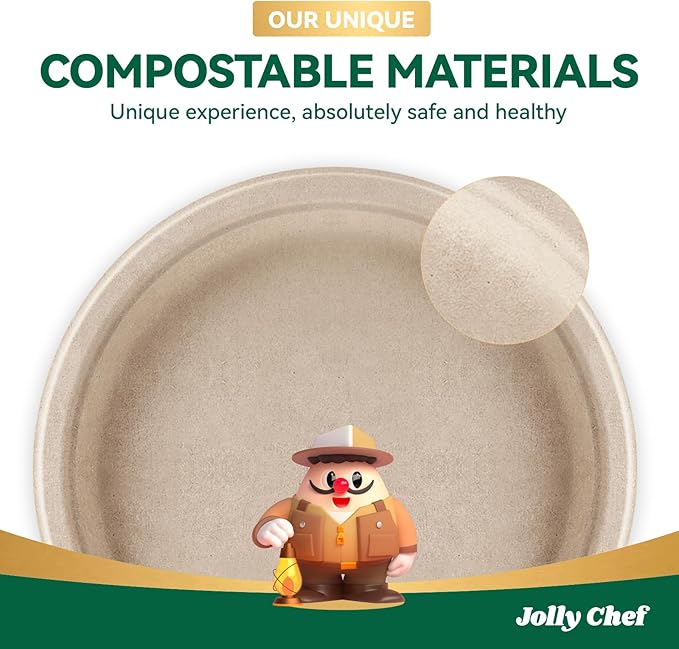 JOLLY CHEF Compostable Heavy Duty Plates 𝟭𝟬 𝗜𝗻𝗰𝗵 [𝟯𝟬𝟬 𝗣𝗮𝗰𝗸] Eco-Friendly Disposable Paper Plates Made of Bagasse Biodegradable Bulk for Party Dinner Sugarcane Fibers Round (Natural)