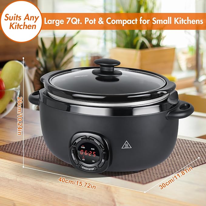 7-Quart Programmable Slow Cooker with Nonstick Removable Ceramic Pot, 3 Temp Settings, Dishwasher Safe