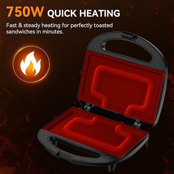 OSTBA Sandwich Maker, 2 Slice Grilled Cheese Maker with Non-stick Flat Plates, Indicator Lights, Cool Touch Handle, Easy to Clean and Store, 750W