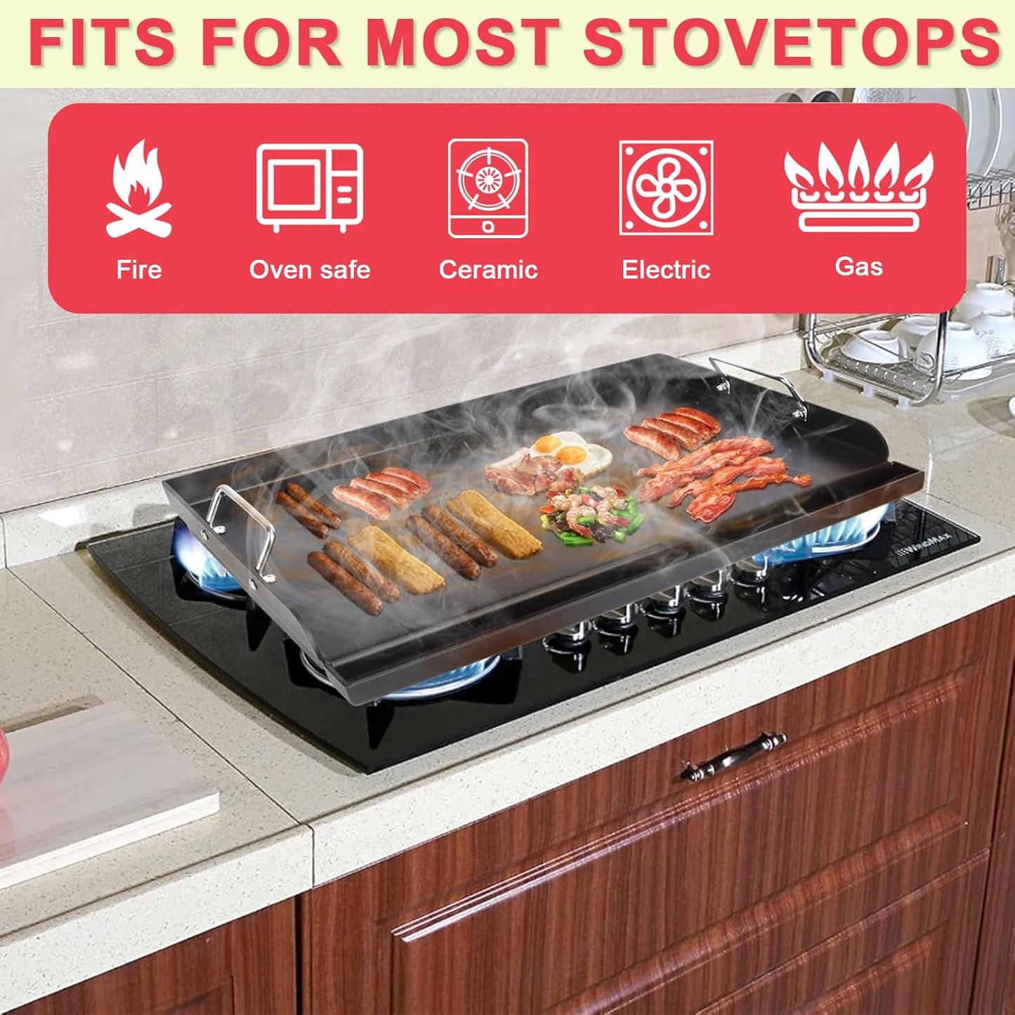 DcYourHome Universal 25" x 16" Stovetop Griddle for Gas Grill/Gas Stove, Nonstick Carbon Steel Large Griddle Pan for All Gas/Charcoal Grills Flat Top Plate, Plancha Para Cocinar, Stove Top Skillet Pan