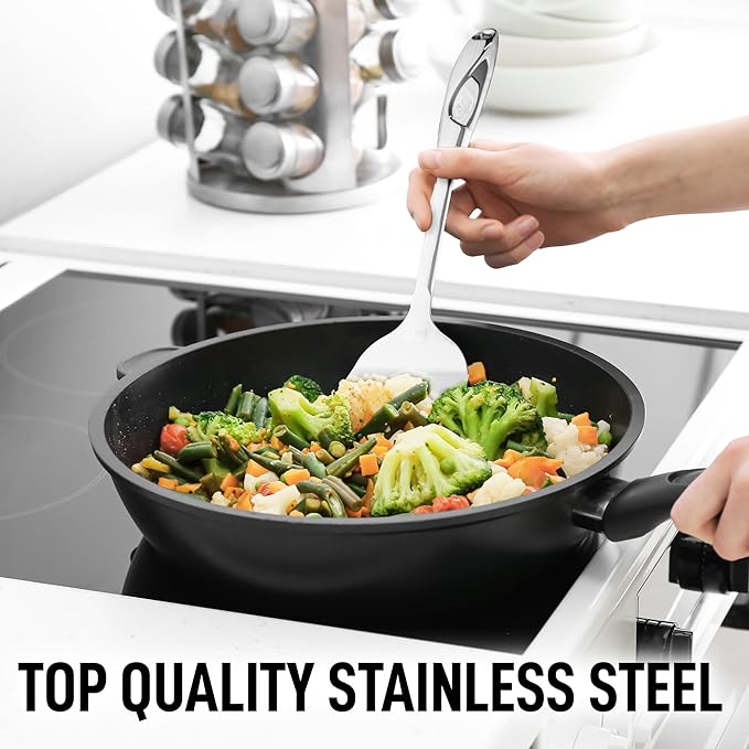 Zulay Kitchen Premium Stainless Steel Metal Spatula - Cooking Spoon Turner - Durable Cooking Utensil with Ergonomic, Easy to Use Handle - Easy to Clean, Perfect for at Home Cooks & Chefs - 15”