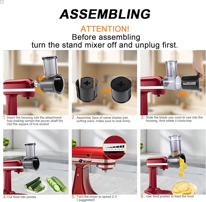 Slicer/Shredder Attachment Compatible with KitchenAid Stand Mixers 5 Blade Stainless Steel Food Processor with Detachable Blades for Cheese Grating, Vegetable, Salad Making Food Shredding