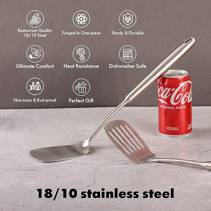 18/10 Stainless Steel Spatulas Set - 15” Long Spatulas for Kitchen, Metal Cooking Utensils - 1 Slotted Spatula + 1 Solid Turner (style A - all metal brushed)