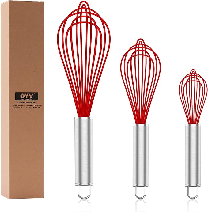 Silicone Rubber Whisk,Premium Whisks For Cooking Non Scratch,Stainless Steel & Silicone Wisk For Nonstick Cookware Pans, High Heat Resistant kitchen Whisks set of 3,Red