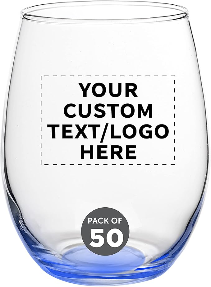 Custom Stemless Wine Glasses in Bulk by ARC Perfection, 15 oz, 50 pack, Personalized Text, Logo, Red or White Wine Glass Set, Blue