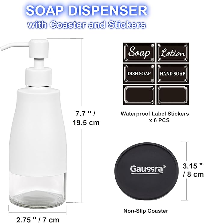 White Soap Dispenser with Coaster and Stickers, Stainless Steel and Glass Bottle Hand Pump Dispenser, Refillable Liquid Hand Soap Dispenser for Bathroom & Kitchen (11OZ / 320ML)