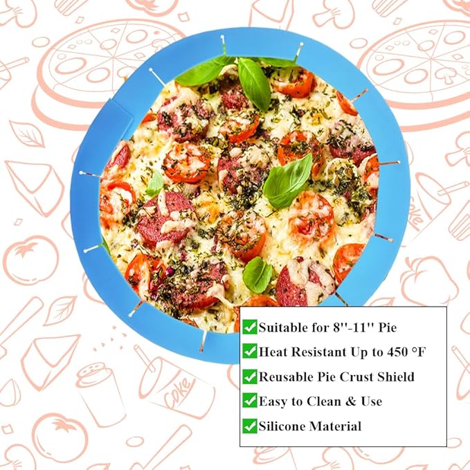 Adjustable Pie Crust Shields, Silicone Baking Protectors, Cover Ring Tools Fits 8-11.4 Inch Pies, Baking Pie Pizza Crust Shield Protector Cover for Edges ﻿ (Blue)