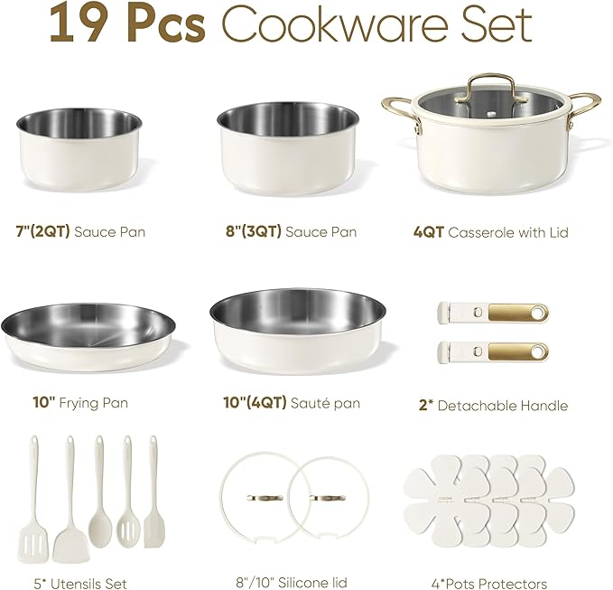 CAROTE 19pcs Tri-Ply Stainless Steel Cookware Set with Detachable Handle, Pots and Pans Set, Induction Kitchen Cooking Sets, RV/Camping Cookware, Outer Ceramic Layer, Oven Safe, Cream White