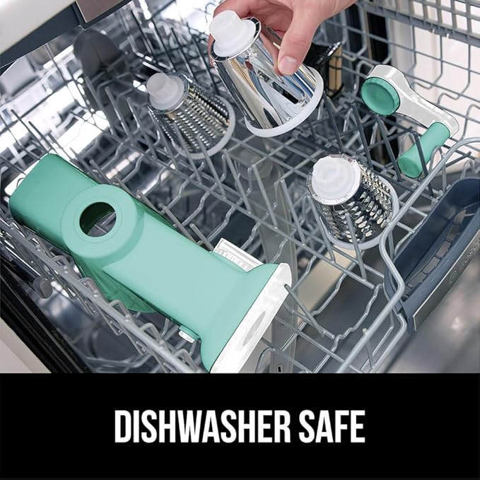 GORILLA GRIP BPA-Free Rotary Cheese Grater Hand Crank, Easy to Set Up, Strong Suction Base for Kitchen Countertop, Shred Potato, Vegetable, Nuts in Seconds, Round Mandoline Slicer, 3 Blades, Mint