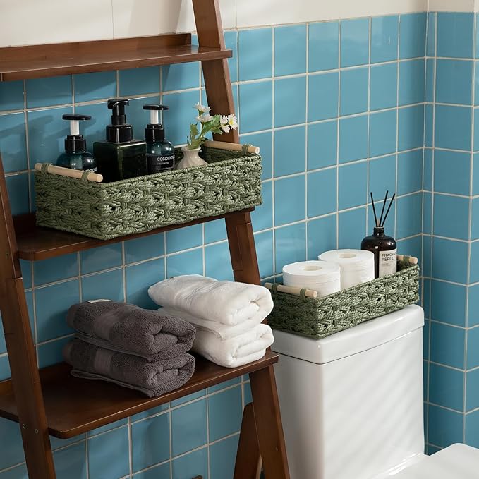 OIAHOMY Toilet Paper Baskets Handmade Paper Rope Decorative Wicker Storage Tank Shelf Cabinet Organizer for Bathroom Home, Set of 2, Green