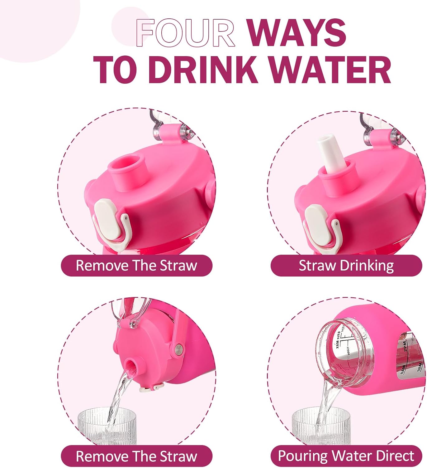 kytffu 64oz Glass Water Bottles with Straw, Half Gallon Motivational Glass Bottle with Silicone Sleeve and Time Marker, 2L Leakproof Large Glass Water Jug for Gym Home Office, Rose Red