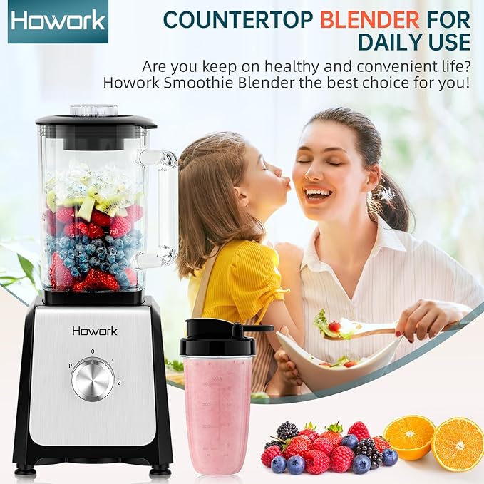 HOWORK Blender for Smoothies, 750W Personal Blender, 56 Oz Glass Jar, 16oz Portable Cups,2+p speed, 3 Functions for Smoothies, Frozen Drinks & Ice Cream,Black
