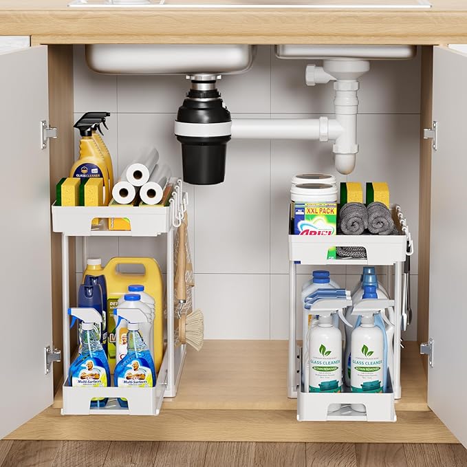 Delamu Under Sink Organizers and Storage, 2 Pack Pull Out Kitchen Bathroom Cabinet Organizer, 2 Tier White Under Sink Storage for Bathroom Kitchen, Under Counter Storage Organizer with 8 Hooks