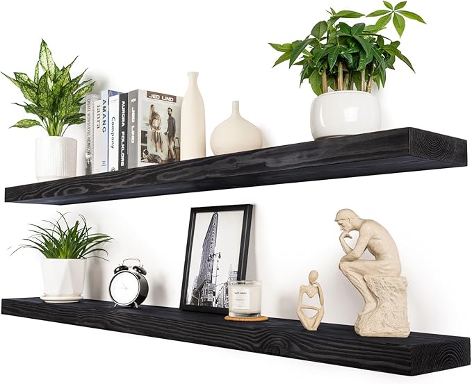 60 inch Black Floating Shelves for Wall 8 -inch deep Set of 2, Heavy Duty Solid Wood Wall Mounted Shelves for Living Room Kitchen with Thickened Hidden Bracket