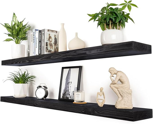 60 inch Black Floating Shelves for Wall 8 -inch deep Set of 2, Heavy Duty Solid Wood Wall Mounted Shelves for Living Room Kitchen with Thickened Hidden Bracket
