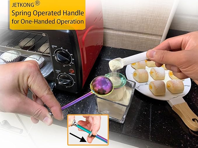 JETKONG Powdered Sugar Shaker Duster Flour Dispenser Shaker with 18/8 Stainless Steel Spring-operated Handle for Sugar Flour and Spices (Rainbow)