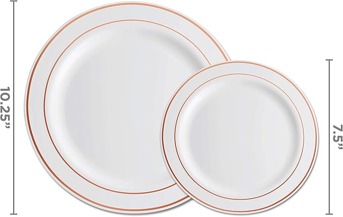Munfix 100 Rose Gold Rim Plastic Plates Set, 50 Pcs 10 Inch Dinner and 50 Pcs 7 Inch Plastic Dessert Plates, Elegant Fancy Heavy Duty Disposable Plates for Party, Wedding, White Rose Gold Rim
