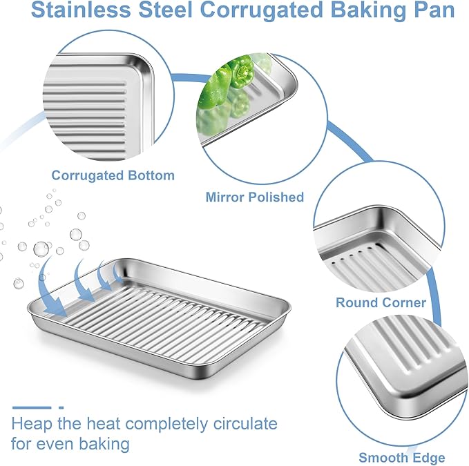 TeamFar Toaster Oven Pan with Cooling Rack, Stainless Steel Mini Baking Tray for Compact Toaster Oven, 9 Inch, Corrugated Bottom & Grid Mesh, Healthy & Heavy-Duty, 1 Pan + 1 Rack