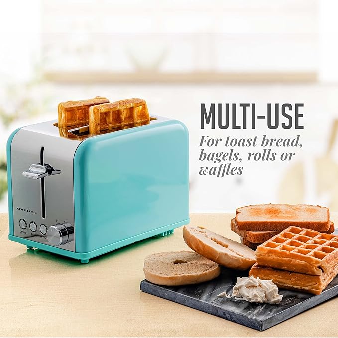 OVENTE Electric 2 Slice Toaster Machine with 6-Shade Browning Selector Setting, Cancel, Defrost, Bagel Buttons, Removable Crumb Tray and Extra Wide Slots for Toasting Breads & More, Turquoise TS2450T