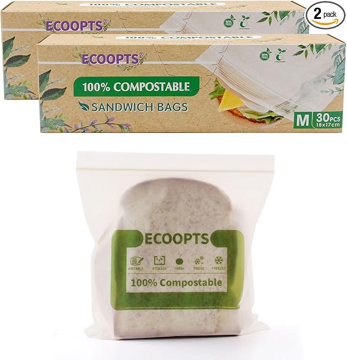 100% Compostable Sandwich Zip Bag | ECO-Friendly Food Storage Bags | Freezer Bag | Plant-Based BPA-free | Seal well for Fruit,Food and Snack (2, Medium)