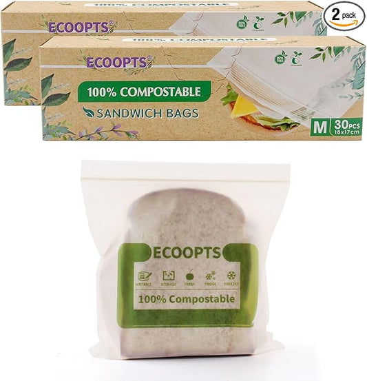 100% Compostable Sandwich Zip Bag | ECO-Friendly Food Storage Bags | Freezer Bag | Plant-Based BPA-free | Seal well for Fruit,Food and Snack (2, Medium)