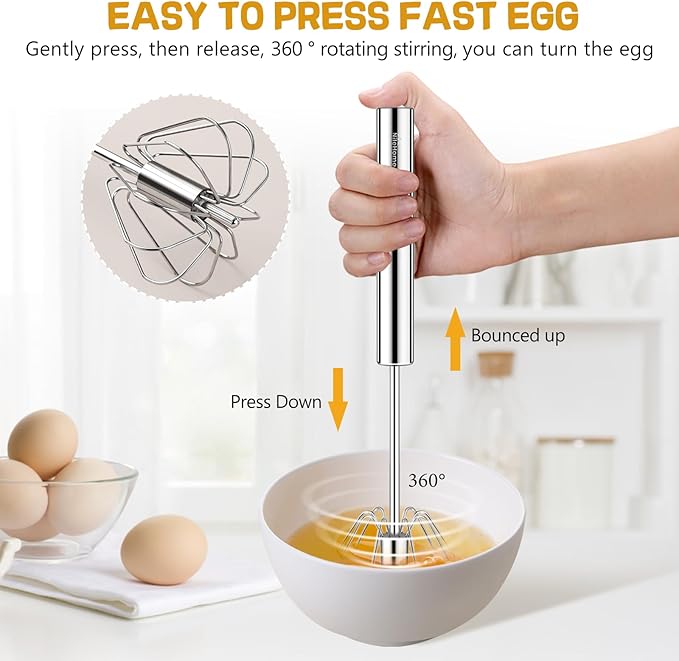 NileHome Stainless Steel Whisk Set 8" 10" Hand Blender + 12" Semi-Automatic Rotary Kitchen Whisk Kitchen Wisk Wire Whisks for Cooking, Whisking, Blending, Beating, Stirring- 3 Pack...