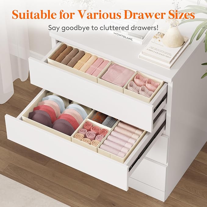 Lifewit 24 Pack Drawer Organizer, Dresser Underwear Drawer Organizer Bins, Foldable Fabric Closet Organizers, Storage Drawer Dividers, Dorm Room Essentials for Clothing, Socks, Towels, Ties Khaki