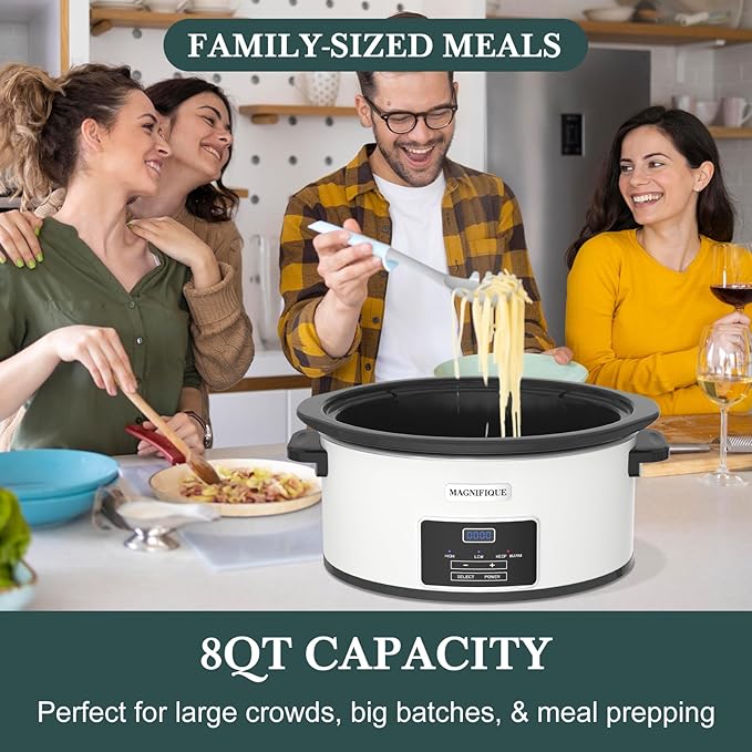 8-Quart Programmable Slow Cooker with Timer Keep Warm - Small Kitchen Appliance for Family Dinners - Serves 6+ People - Heat Settings: Keep Warm(White, Black Liner)