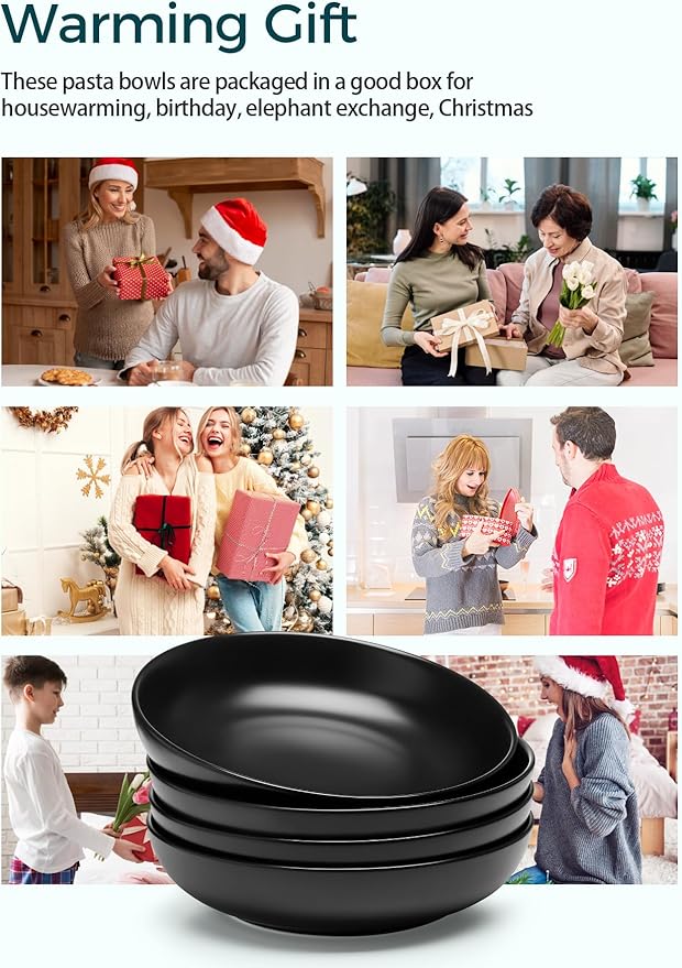 Teocera Matte Black Pasta Bowls Set of 4-35oz Large Oversized Porcelain Bowls for Spaghetti & Salad | Heat-Resistant, Chip-Resistant, Microwave & Dishwasher Safe | Smooth Non-Porous Surface