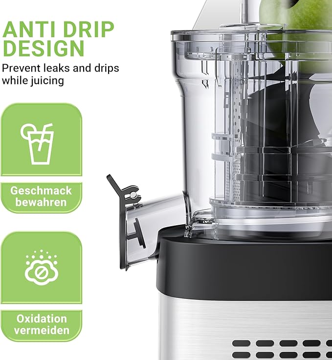 AMZCHEF Cold Press Juicer, 3.1" Juicer Machines with Large Feed Chute for Whole Fruits & Vegetables, Stainless Steel Juice Extractor with Large Auger, Dual Strainers, Easy Cleanup & Assembly