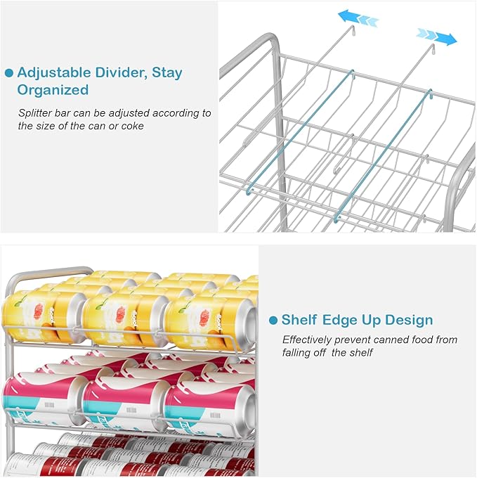Vrisa Can Organizer for Pantry 5 Tier Canned Food Organizer Can Storage Rack Holds Up to 60 Cans Rolling Soda Soup Vegetable Can Goods Dispenser Shelf for Kitchen Pantry Cabinet, Silver