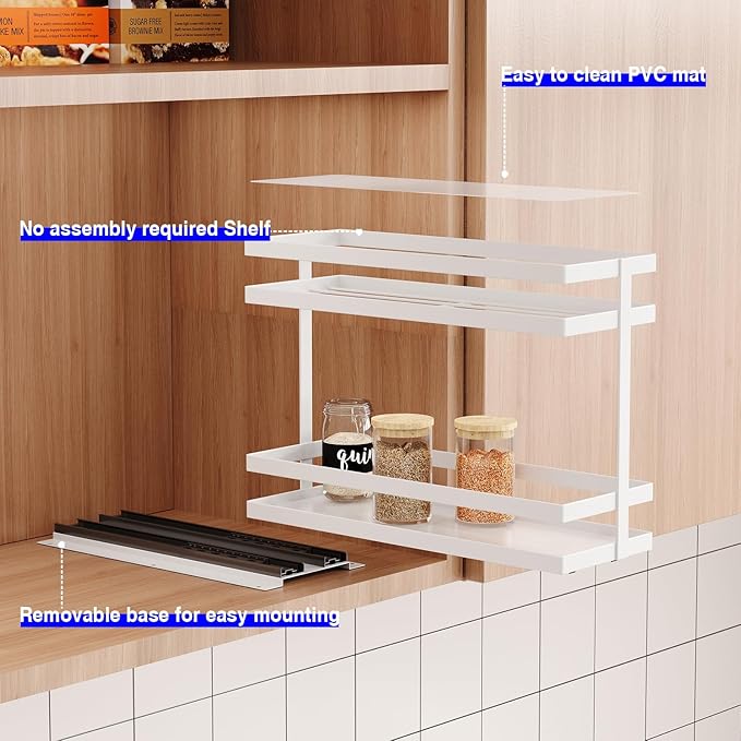 Pull Out Spice Rack Organizer for Cabinet, 2 Tier Metal Slide Out Seasoning Organizer and Storage Heavy Duty Vertical Spice Rack Shelf Pullout for Kitchen Cabinets No Drilling(1 Pack, White)