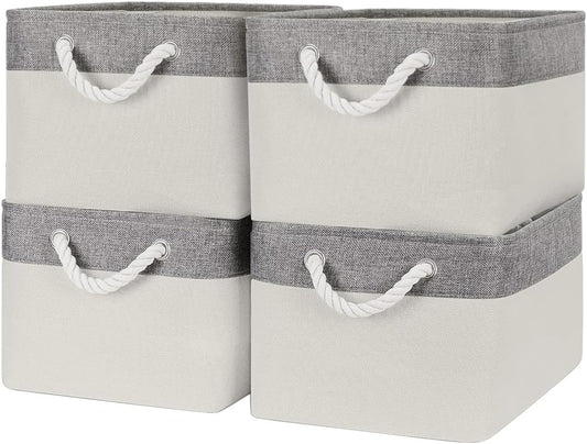 Organization and Storage Bins for Shelves - Large 4 Pack 16x12x8 inch Collapsible Storage Basket for Organizing, Fabric Storage Cubes for Box Closet Cloth Toy Nursery Books Kids (Grey & White)