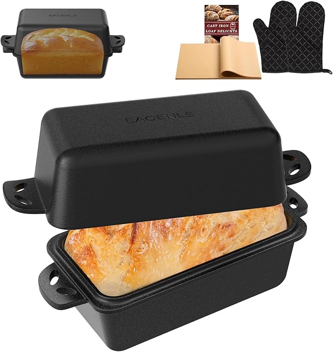 9×5 Inch Cast Iron Loaf Pan with Lid, 2 in 1 Loaf Bread Baking Pans for Homemade Bread, 2 Piece Set