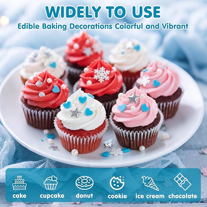 Edible Frozen Sprinkles ,Blue Heart White Snowflake Silver Star Pearl Jimmies Mix,130g/4.58oz,Winter Snow Sugar Pearls Sprinkles for Decorations Baking,Cake Ice Cream Cookies Cupcake Topper Chocolate,Birthday Children Party Dessert Decorating