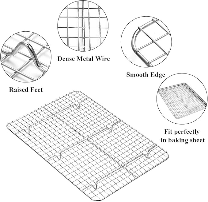 Baking Sheet with Rack Set [2 Pans + 2 Racks], Wildone Stainless Steel Cookie Sheet Baking Pan Tray with Cooling Rack, Size 18 x 13 x 1 Inch, Non Toxic & Heavy Duty & Easy Clean