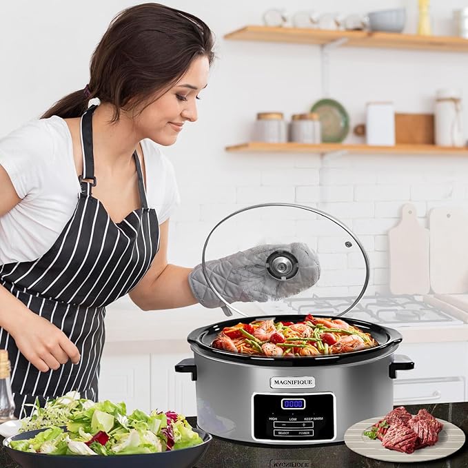8-Quart Digital Programmable Slow Cooker with Timer - Small Kitchen Appliance for Family Dinners - Serves 10+ People - Heat Settings: Keep Warm, Low and High