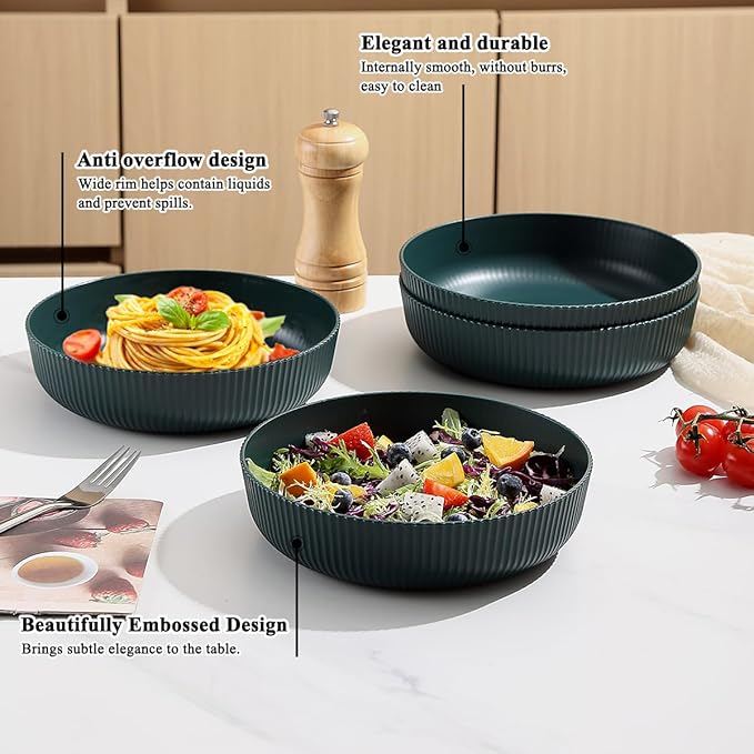 Kyraton Pasta Bowls Set of 4, 37oz Salad Bowls Soup Bowls Large Pasta Serving Bowl Plastic Unbreakable Serving Dishes Dinner Bowls (Dark Green)