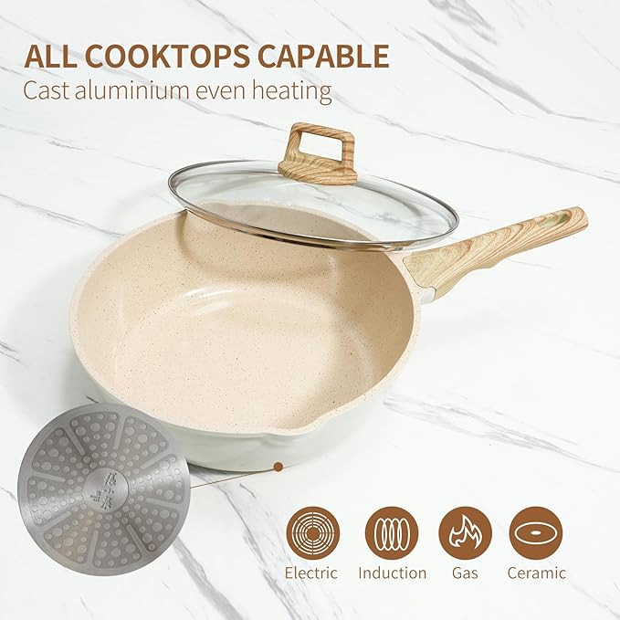 ZHANG XIAO QUAN SINCE 1628 Pots and Pans Set with Lids, 14 PCS Cast Aluminium Non Stick Ceramic Coating Granite Cookware Set, Non-toxic Kitchen Essentials, Beige